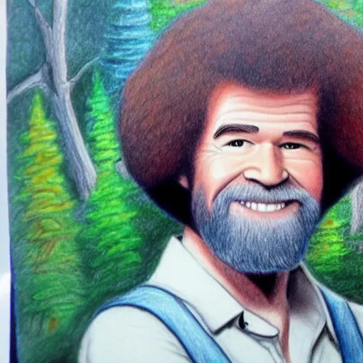 Prompt: an 8 year old drawing of bob ross