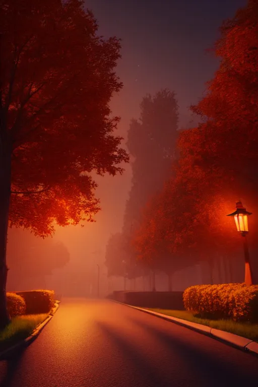 Prompt: sleepy autumn neighborhood at dusk, hyper realistic, ambient lighting, concept art, intricate, hyper detailed, smooth, dynamic volumetric lighting, octane, raytrace, cinematic, high quality, high resolution, 4 k, artstation