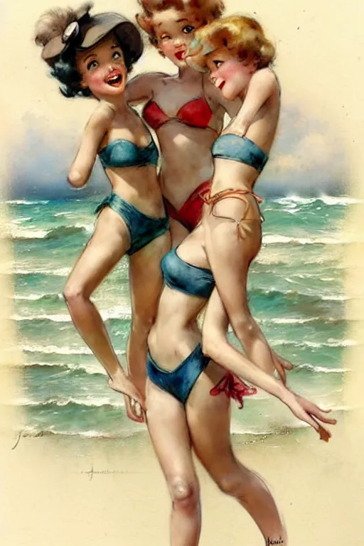 Prompt: (((((1950s three adventure bikini girls playing together character illustration. muted colors.))))) by Jean-Baptiste Monge !!!!!!!!!!!!!!!!!!!!!!!!!!!