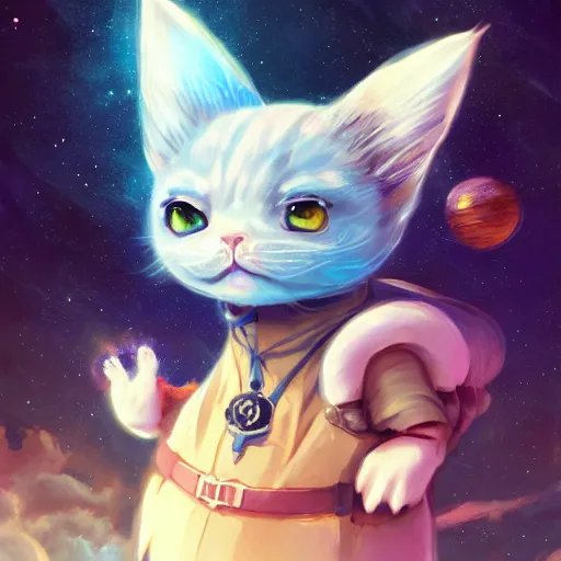 Image similar to cartoonish kitten wearing a wizard cat and a fake beard floating in space, bright stars, anime, a fantasy digital painting by Greg Rutkowski and James Gurney, trending on Artstation, highly detailed