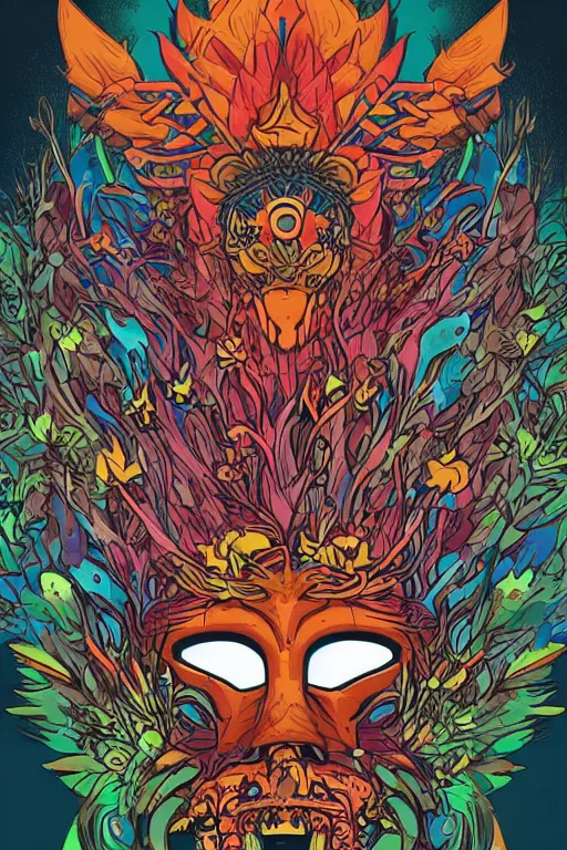 Image similar to animal mask totem roots flower tribal feather gemstone plant wood rock shaman vodoo video game vector cutout illustration vivid multicolor borderlands comics by josan gonzales and dan mumford radiating a glowing aura