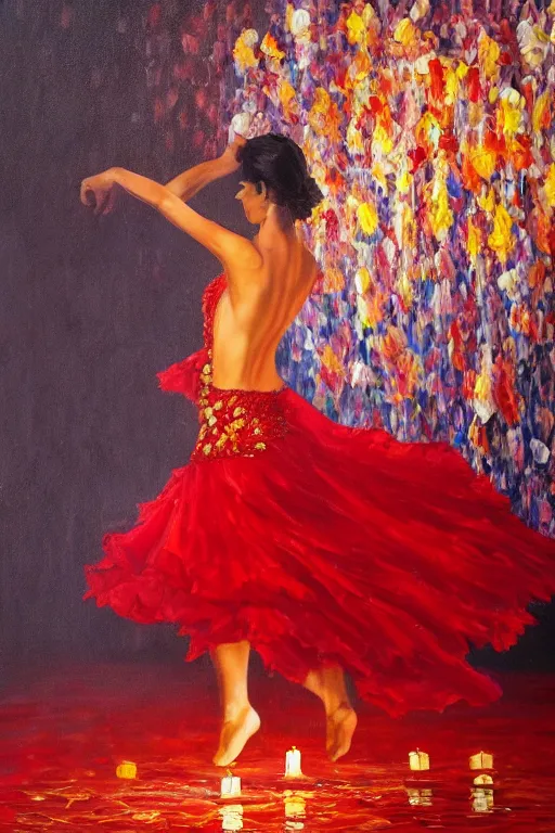 Image similar to detailed oil painting of spanish flamenco dancer walking into a crystal clear lake wearing a red dress made of flowers that's engulfed in flames, dimly lit by candles on the ground, looking away, dark shadows, ethereal, slr, 4 k, high definition