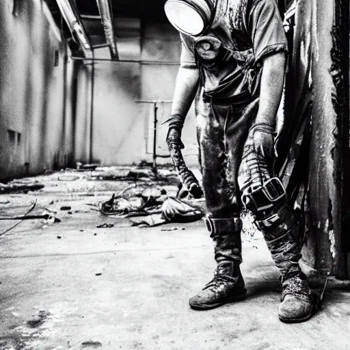 Image similar to film still of a man wearing post apocalyptic clothes and a gas mask inside a rusty factory, low angle dramatic