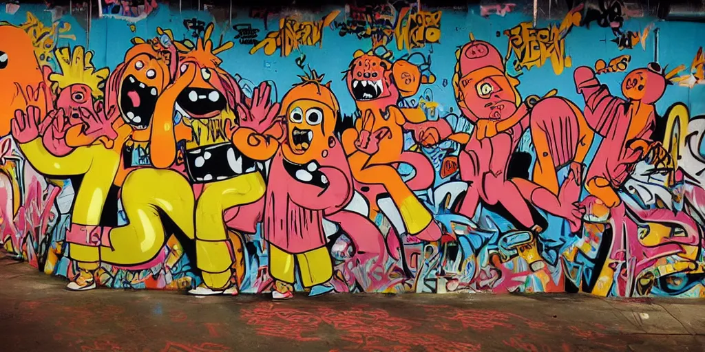 Prompt: Yo Gabba Gabba heavy metal band, 1980s surrealism aesthetic, detailed facial expressions, graffiti on the walls and ceiling