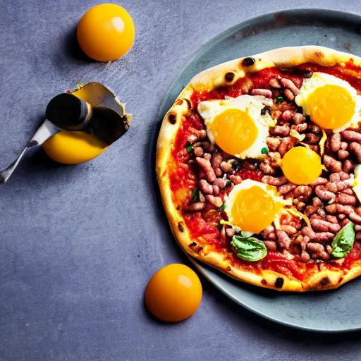 Prompt: pizza with beans and raw egg yolk, food photography