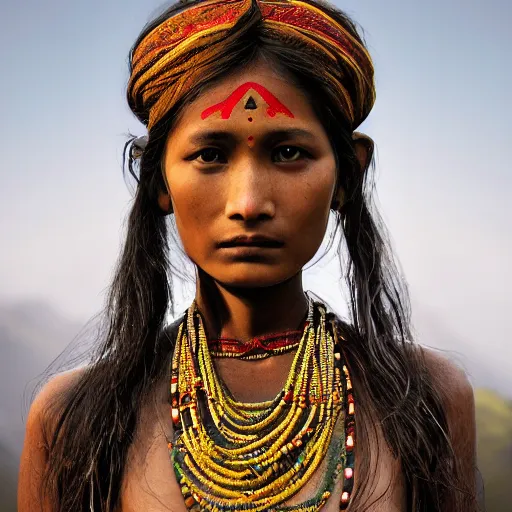 Image similar to portrait of a stunningly beautiful alluring nepalese tribal female, depth of field, zeiss lens, detailed, symmetrical, centered, fashion photoshoot, by annie leibovitz and steve mccurry, david lazar, jimmy nelsson, breathtaking, 8 k resolution, extremely detailed, beautiful, establishing shot, artistic, hyperrealistic, beautiful face, octane render