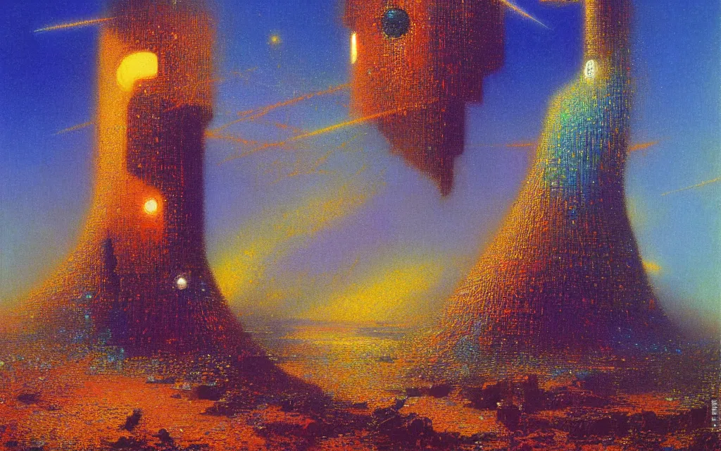 Prompt: hyperpop futurist opal iridescent cybernetic machine cosmic apotheosis, future perfect, award winning oil painting by bruce pennington and odilon redon