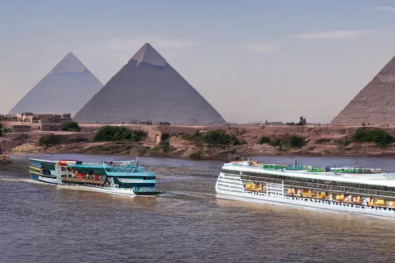 Image similar to realistic photo of the river nile, with the pyramids of giza in the background, a river flowing through the scene, cruise ship in the foreground, sun blazing in the sky