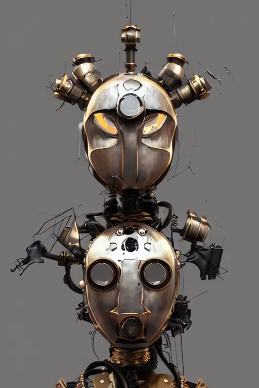 Image similar to steampunk mask minimalist fantasy art robot ninja helmet, global illumination ray tracing hdr fanart arstation by sung choi and eric pfeiffer and gabriel garza and casper konefal radiating a glowing aura