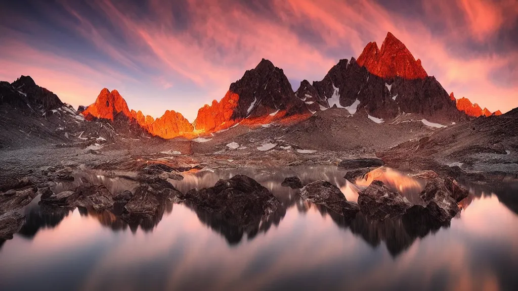 Image similar to amazing landscape photo of mountains with lake in sunset by marc adamus, beautiful dramatic lighting