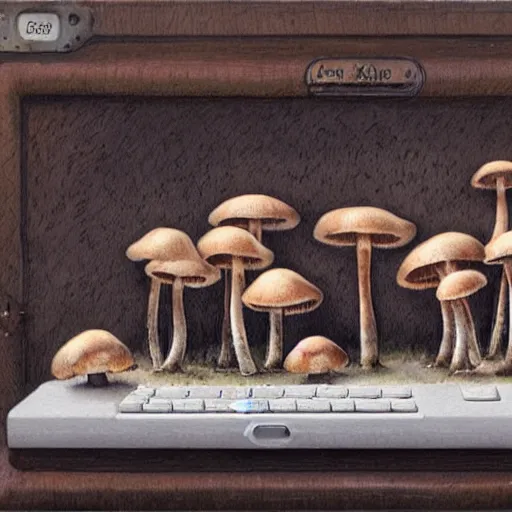 Image similar to mushrooms as keys on computer keyboard, by jean - baptiste monge