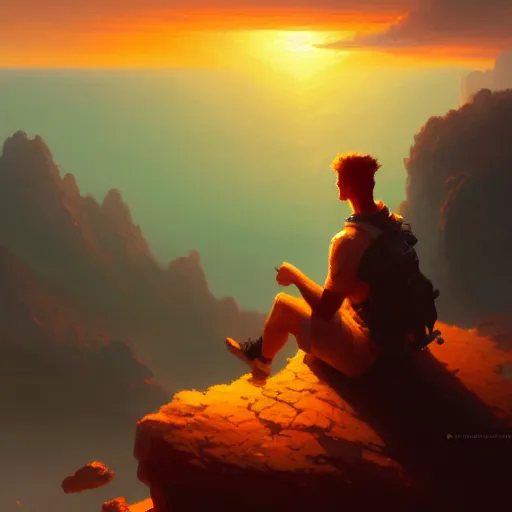 Prompt: a man sitting on a cliff watching the sun explode, painting, digital art, harsh lighting, 4 k hd wallpaper, trending on art station, art by greg rutkowski and andreas rocha, 8 k