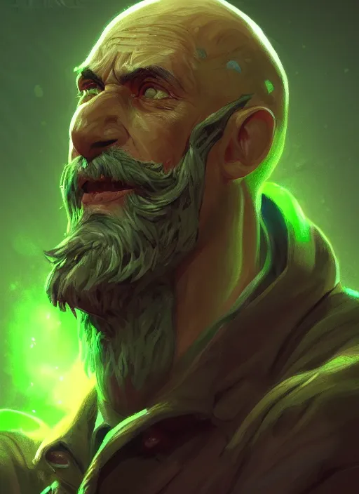 Image similar to a highly detailed illustration of bald old man smoking with green glowing eyes, dramatic standing pose, nuclear background, intricate, elegant, highly detailed, centered, digital painting, artstation, concept art, smooth, sharp focus, league of legends concept art, wlop.