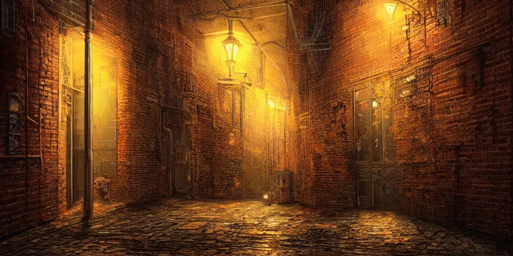 Image similar to ultra realist and ultra intricate detailed soft painting of an alleyway corner at night, reflective city nights, neon glow, city background, brick wall, artstation, unreal render, depth of field