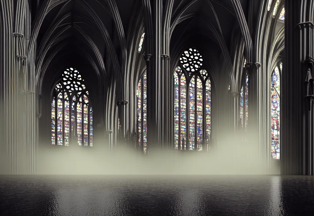 Image similar to kodak portra 4 0 0 photographic and realistic, interior of a gothic cathedral, detailed, octane render, unreal engine 5, 8 k, artstation, hyper realistic, wide angle, floor flooded how a lake, hole objects that float, 3 5 mm, sharp focus, soft light, epic volumetric light fog, in the style of gregory crewdson