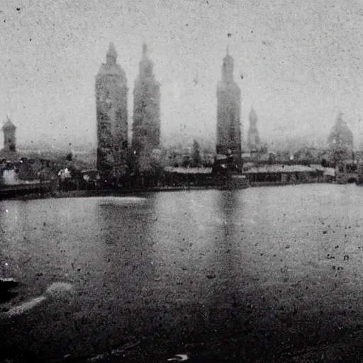 Image similar to grainy 1800s photo of a city submerged in mud