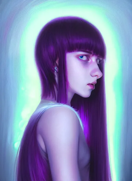 Image similar to hair whitebangs hair, black hair, whitebangs, portrait of teenage girl with white bangs, red irises, purple clothes, white bangs, bangs are different color from hair, intricate, elegant, glowing lights, highly detailed, digital painting, artstation, concept art, smooth, sharp focus, illustration, art by wlop, mars ravelo and greg rutkowski