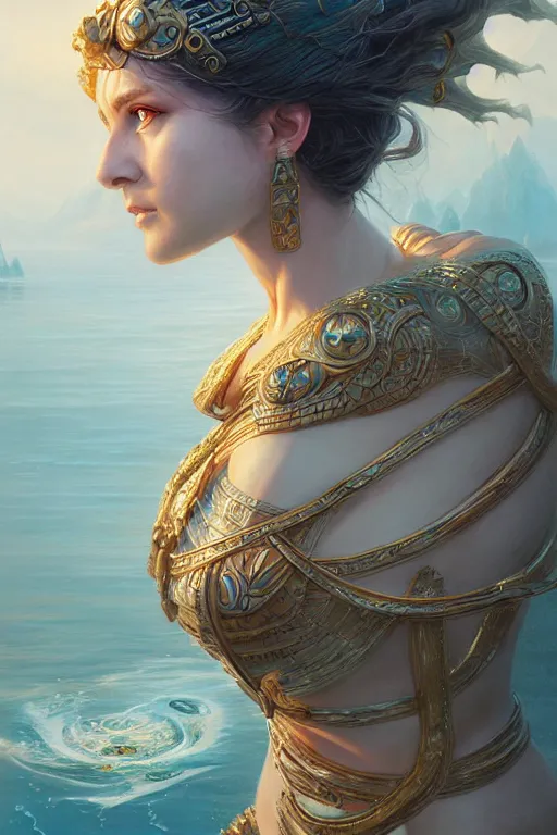 Image similar to goddess of lake, highly detailed, d & d, fantasy, highly detailed, digital painting, trending on artstation, concept art, sharp focus, illustration, art by artgerm and greg rutkowski and fuji choko and viktoria gavrilenko and hoang lap