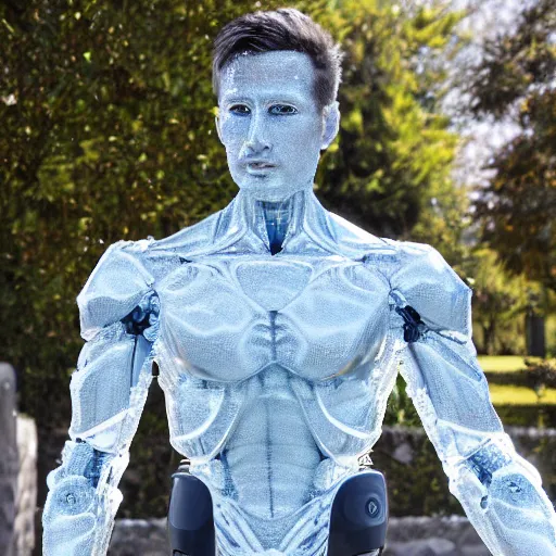 Image similar to made of ice, a realistic detailed photo of a guy who is an attractive humanoid who is half robot and half humanoid, who is a male android, on display, blank stare, showing off his muscles, shiny skin, posing like a statue, by the pool, frozen ice statue, twitch streamer / gamer ludwig, humanoid robot