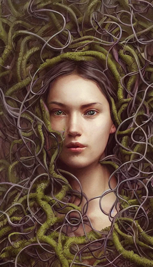 Image similar to very detailed portrait of a 2 0 years old girl surrounded by tentacles, the youg woman visage is blooming from fractal and vines, by jakub rozalski