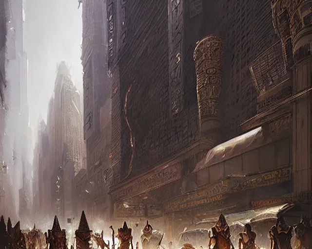 Prompt: a gigantic egyptian god walking the streets of new york, intricate, elegant, highly detailed, digital painting, artstation, concept art, matte, sharp focus, illustration, art by anders zorn and greg rutkowski and marvel