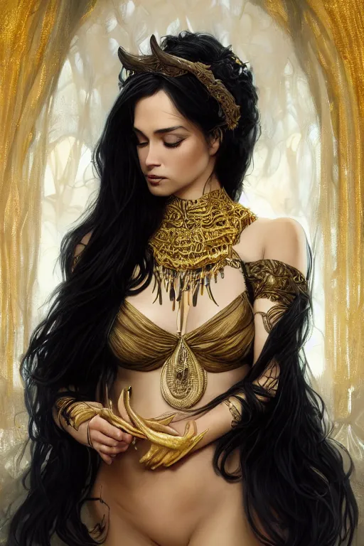 Image similar to fullbody!! of a beautiful woman with long black hair, big natural horns on her head, flowing intricate dress, gold jewellery, dnd, face, fantasy, intricate, elegant, highly detailed, digital painting, artstation, concept art, smooth, sharp focus, illustration, art by artgerm and greg rutkowski and alphonse mucha