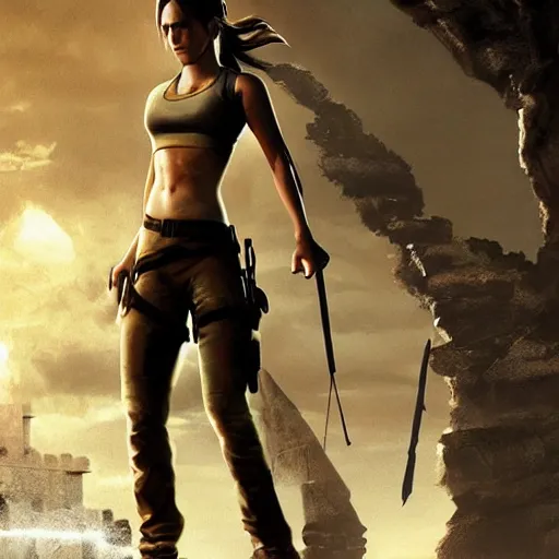 Image similar to Emma Watson as Lara Croft, promo art, highly-detailed, stunning