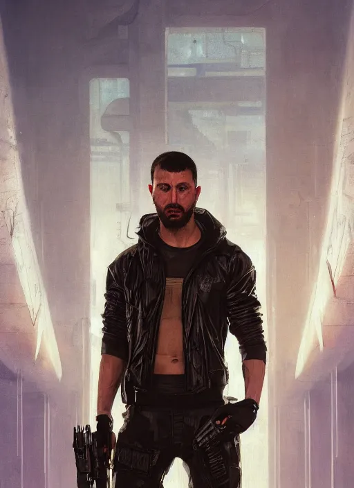 Prompt: dumb meathead. cyberpunk mercenary in a cyberpunk jumpsuit ( blade runner 2 0 4 9, cyberpunk 2 0 7 7 ). orientalist portrait by john william waterhouse and james gurney and theodore ralli and nasreddine dinet, oil on canvas. cinematic, hyper realism, realistic proportions, dramatic lighting, high detail 4 k