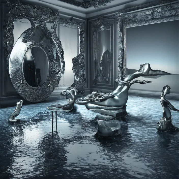 Image similar to hyperrealistic random objects in a surreal minimalistic dreamscape environment by salvador dali, enormous melting mannequin head statue, highly detailed, 3 d render, vray, octane, beautiful lighting, photorealistic, intricate, elegant, wayne barlowe, water, mirrors, doorway, beautiful, masterpiece, trending on artstation, artgerm, checkered floor