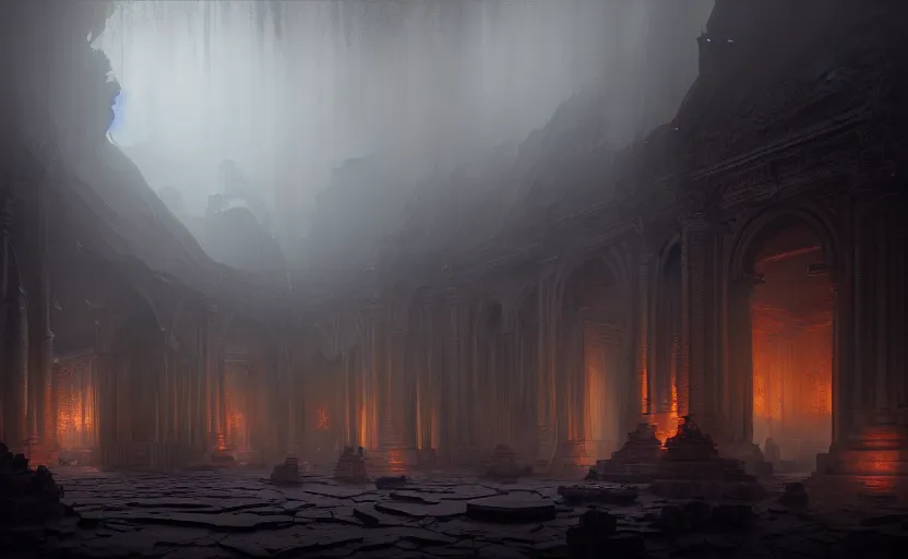 Image similar to The interior of an mytical and ancient temple dragons in ruins, atmospheric lighting, fog, mysterious, arem, intricate, elegant, volumetric lighting, digital painting, highly detailed, artstation, sharp focus, illustration, concept art, ruan jia, steve mccurry