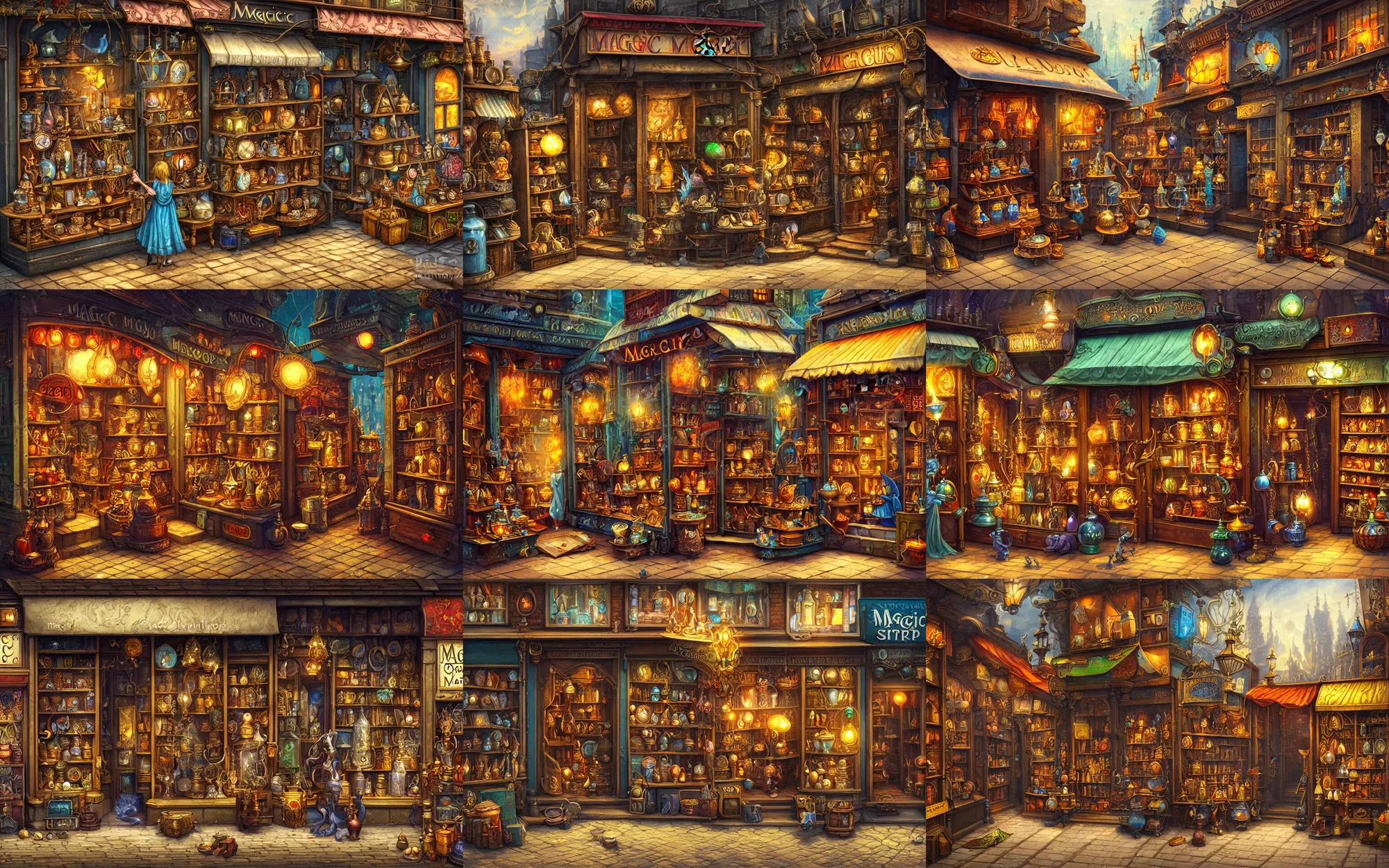 Prompt: exterior image of a magic items an curios shop in the streets of a busy fantasy city, high detail, dicital painting