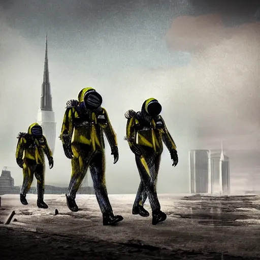 Image similar to a surreal landscape with towers in a harsh environment, a group of figures dressed in biohazard suits are walking, digital art