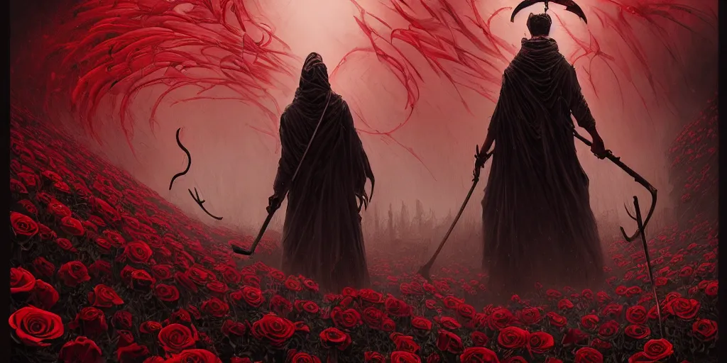 Image similar to poster style, a beautiful and terrifying painting with high details of a panoramic view of a reaper holding a long sickle, with red fluid white roses in the foreground, movie atmosphere, movie lights, 8 k, light effect, rtx on, trending on artstation, by kilian eng, lee madgwick, bastien lecouffe - deharme