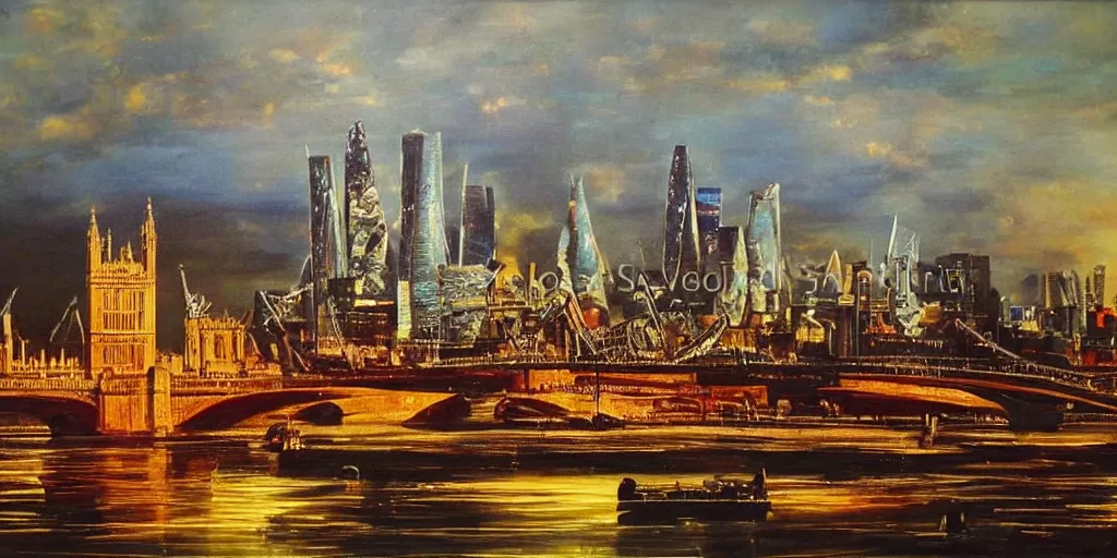 Image similar to oil painting of the london skyline, highly detailed, dramatic lighting, intense shadows, rich deep colours, by salvador dali