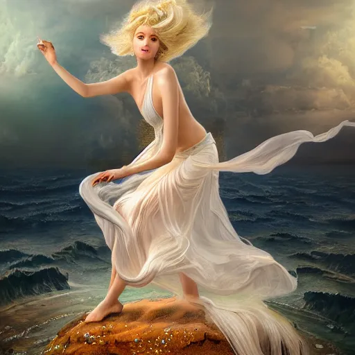 Image similar to breathtakingly detailed concept art painting full body painting, goddess floating on the sea bottom, blond hair in white sheer dress, orthodox saint ornate background, created by hsiao - ron cheng, very moody lighting, 8 k