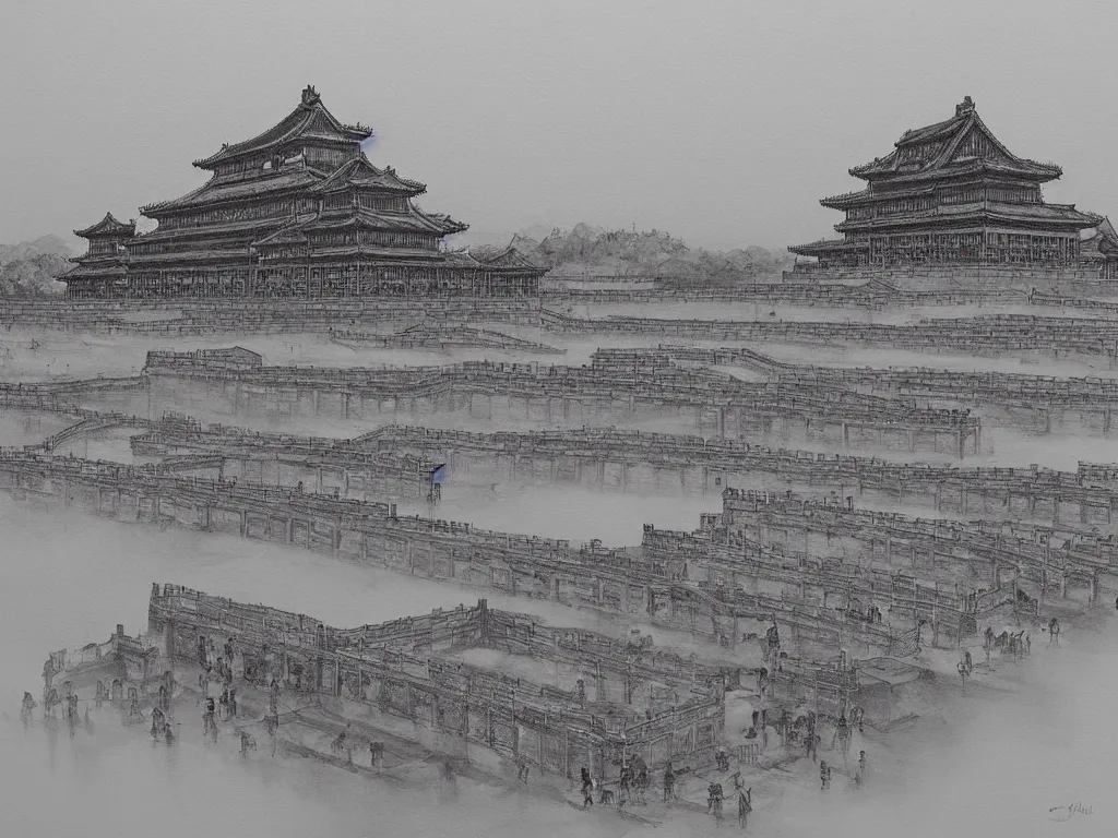 Prompt: forbidden city, highly detailed, cinematic landscape ， ink painting ， foggy