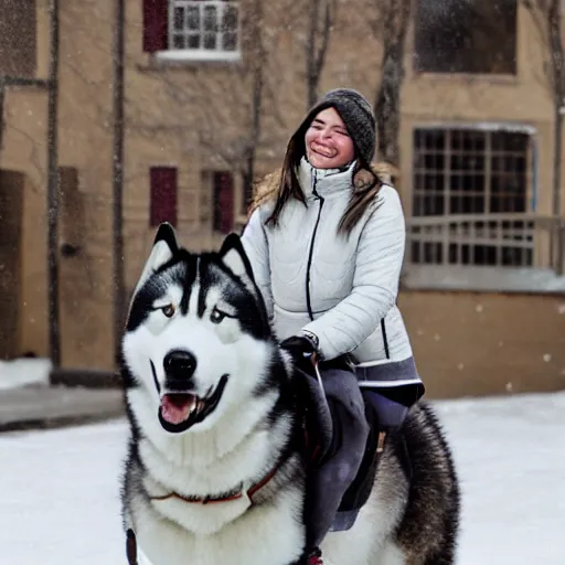 Image similar to girl riding a giant husky in the snowy town