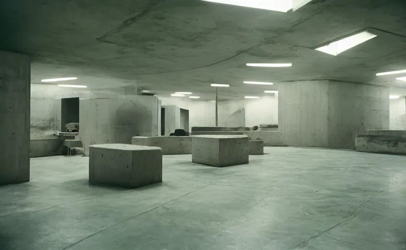 Prompt: Interior shot of a secret brutalist concrete bunker with computers and with glossy concrete floor by stanley kubrick, shot by 35mm film color photography