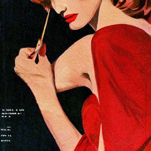 Image similar to “Jessica Chastain portrait, color vintage magazine illustration 1950”