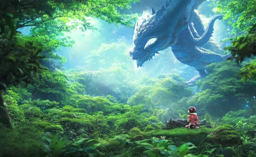 Image similar to a still of a cute adorable tiny astronaut, on a planet of lush foliage, with an enormous kaiju dragon surrounding the background, magical forest, sharp focus, neon backlit, highly detailed, disney pixar studio ghibli makoto shinkai, digital painting, matte, octane render, global illumination, iridescent, anime, 8 k concept art