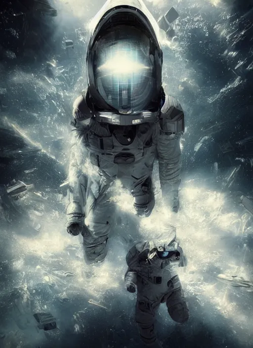 Image similar to concept poster art by craig mullins infrared complex and hyperdetailed technical astronauts floating in futuristic dark and empty spaceship underwater. reflection and dispersion materials. rays and dispersion of light. volumetric light. 5 0 mm, f / 3 2. noise film photo. flash photography. unreal engine 4, octane render. interstellar movie art