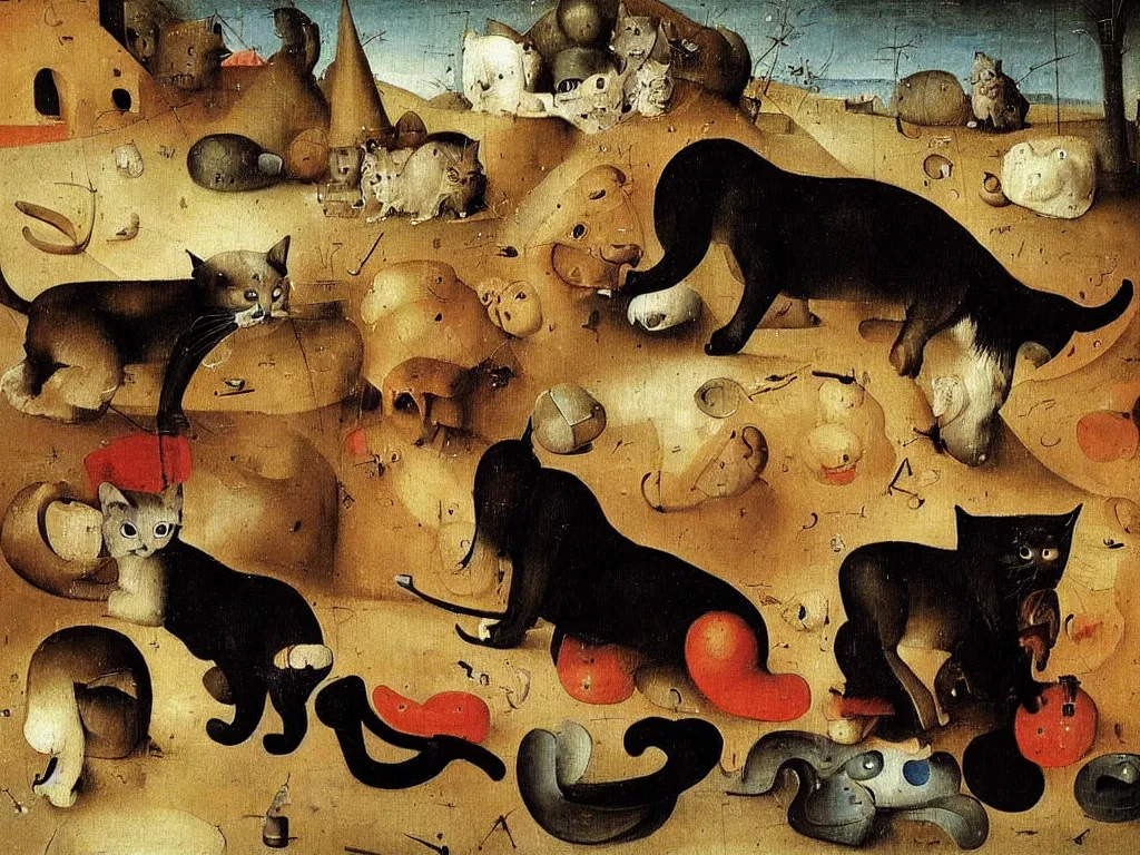 Prompt: Beautiful painting of the friendship of a cat and dog by Hieronymus Bosch