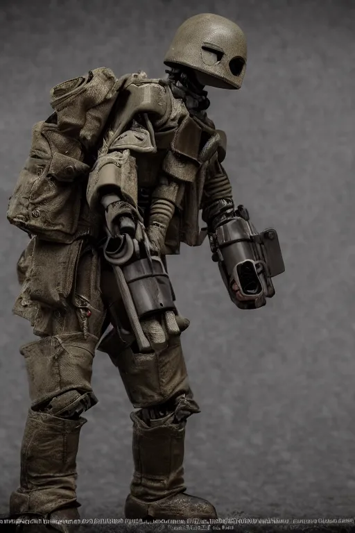 Prompt: a cinematic photo shot of a beautiful 1 : 6 scale threea toys figurine by ashley wood, world war one robot,, intricate dark background, dramatic light