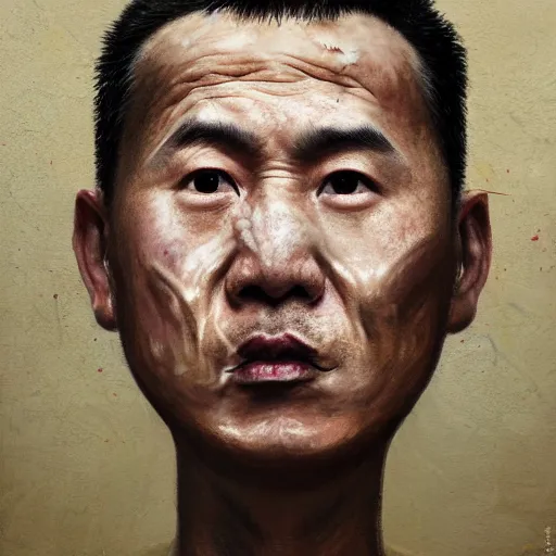 Image similar to photorealistic face portrait of chinese uyghur muslim prisoner, paint, wearing victorian rags, elite, disfigured, drooling, moist, unnatural movement, they are unhappy, bizzaro, renaissance, by emedios varo and anato finnstark and fenghua zhong and giacometti, hyperrealism, 8 k, 3 d, masterpiece, texture