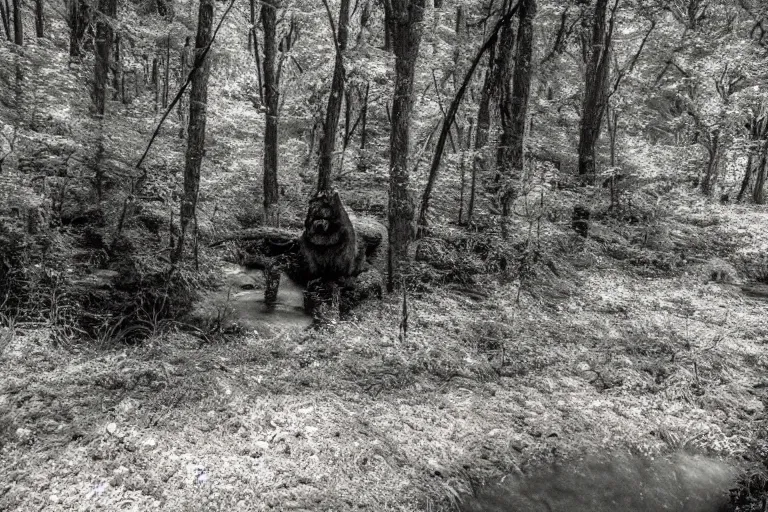 Prompt: infrared night vision trail cam of a blurry monster creeping through a creek