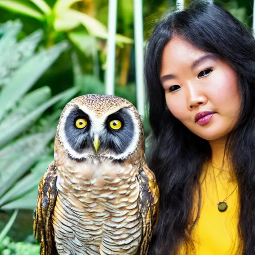 Prompt: close up portrait of beautiful woman wearing a yellow kimono in a tropical greenhouse with an owl on her shoulder, bokeh, cinematic colors