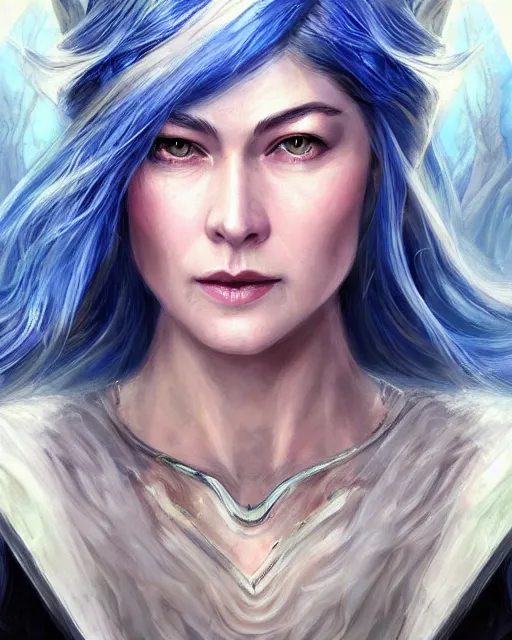 Prompt: rosamund pike blue sorceress, portrait, fantasy art, in the style of artgerm, illustration, epic, fantasy, intricate, hyper detailed, artstation, concept art, smooth, sharp focus, ray tracing, vibrant, photorealistic, simon bisley