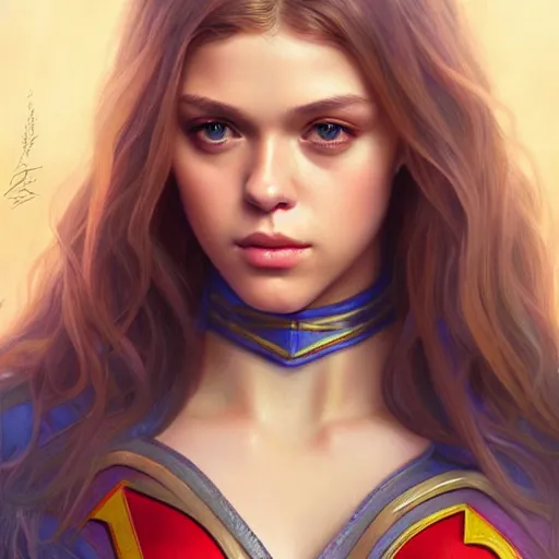 Prompt: beautiful Nicola Peltz as Super Girl, western, closeup, D&D, fantasy, intricate, elegant, highly detailed, digital painting, artstation, concept art, matte, sharp focus, illustration, art by Artgerm and Greg Rutkowski and Alphonse Mucha