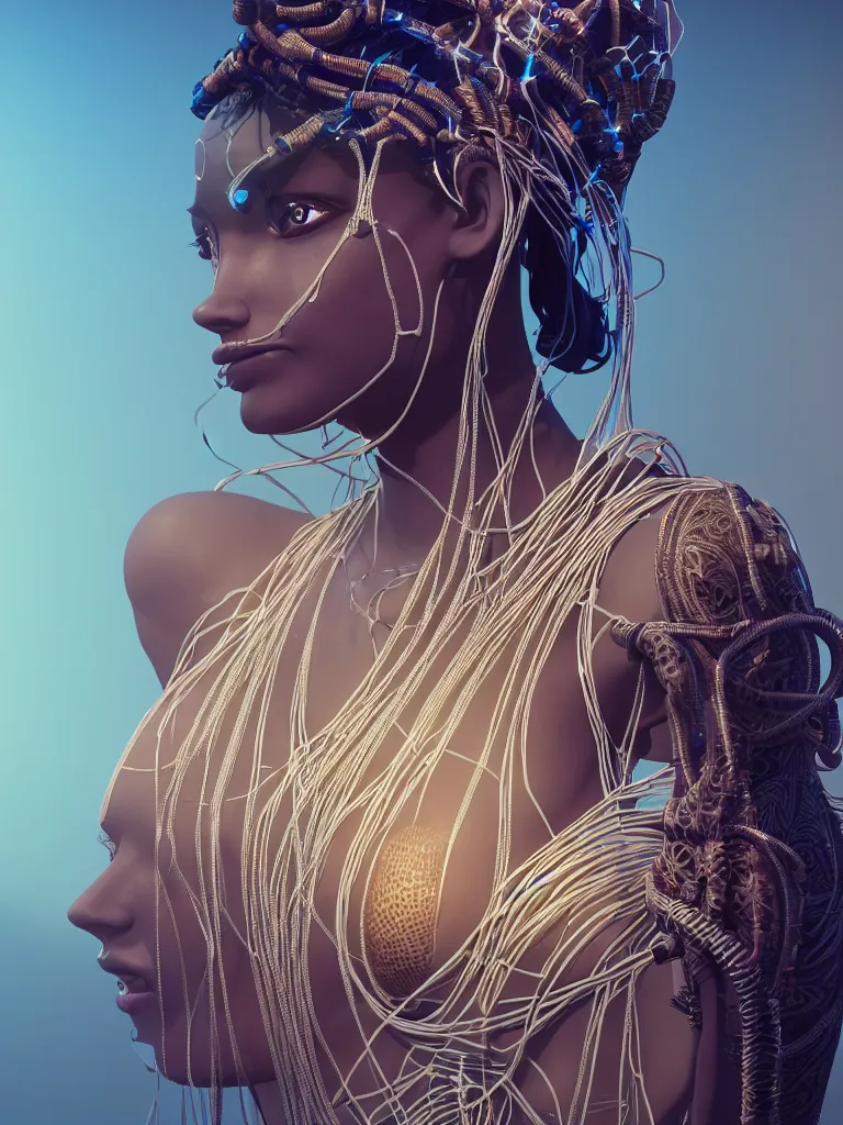 Prompt: a centered render of an alluring mystical tribal goddess adorned with cables and synthesizer parts is surrounded by sacred geometry, full body, gorgeous face, perfect face, powerful, cinematic, beautifully lit, by viktoria gavrilenko, 3 d, trending on artstation, octane render, 8 k