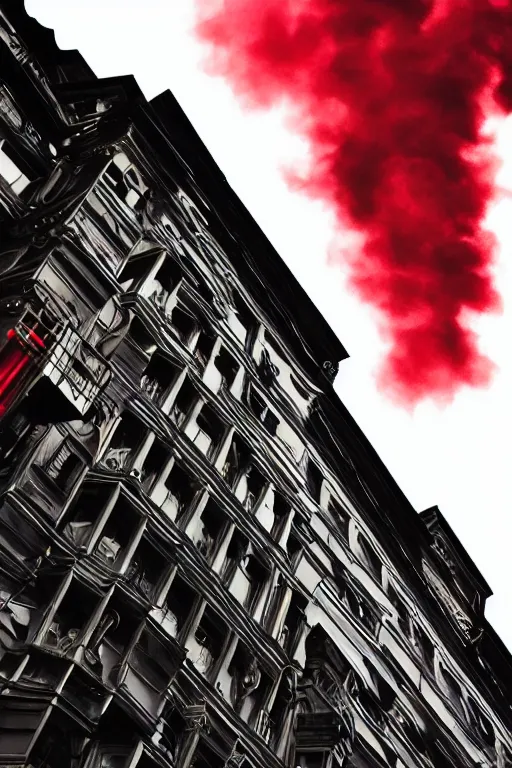 Prompt: black red dripping gilded architecture, geometric art, noir, smoke